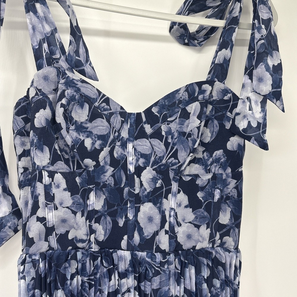 Lulu's Maxi Dress Small Blue Floral Pleated Bustier Babydoll Wedding Homecoming - Picture 4 of 7